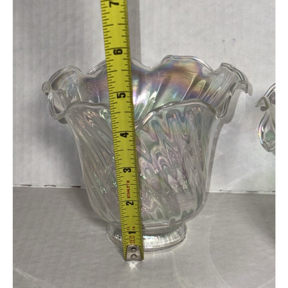 Set of 3 Iridescent 4” Light Shade Hurricane Lamp Swirl Bell Ruffled Fitter 2” - Picture 9 of 14